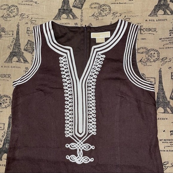 Michael Kors Brown/White Linen V Neck Sleeveless Dress Size 6 - Picture 7 of 12